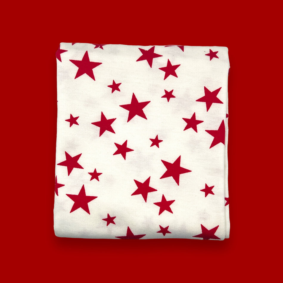 French Terry Knit Fabric - (Red Stars/White)