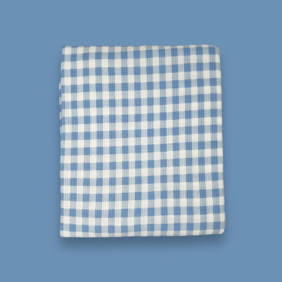 Rib Knit Fabric - Blue Gingham