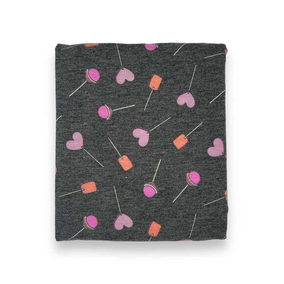 French Terry Knit - Lollipop Hearts (Charcoal)