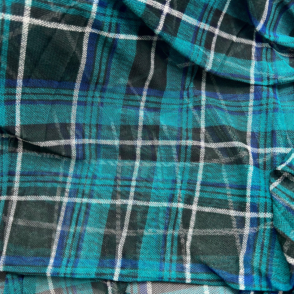 CLEARANCE Emerald Teal Green Plaid Stretch Mesh- by the yard
